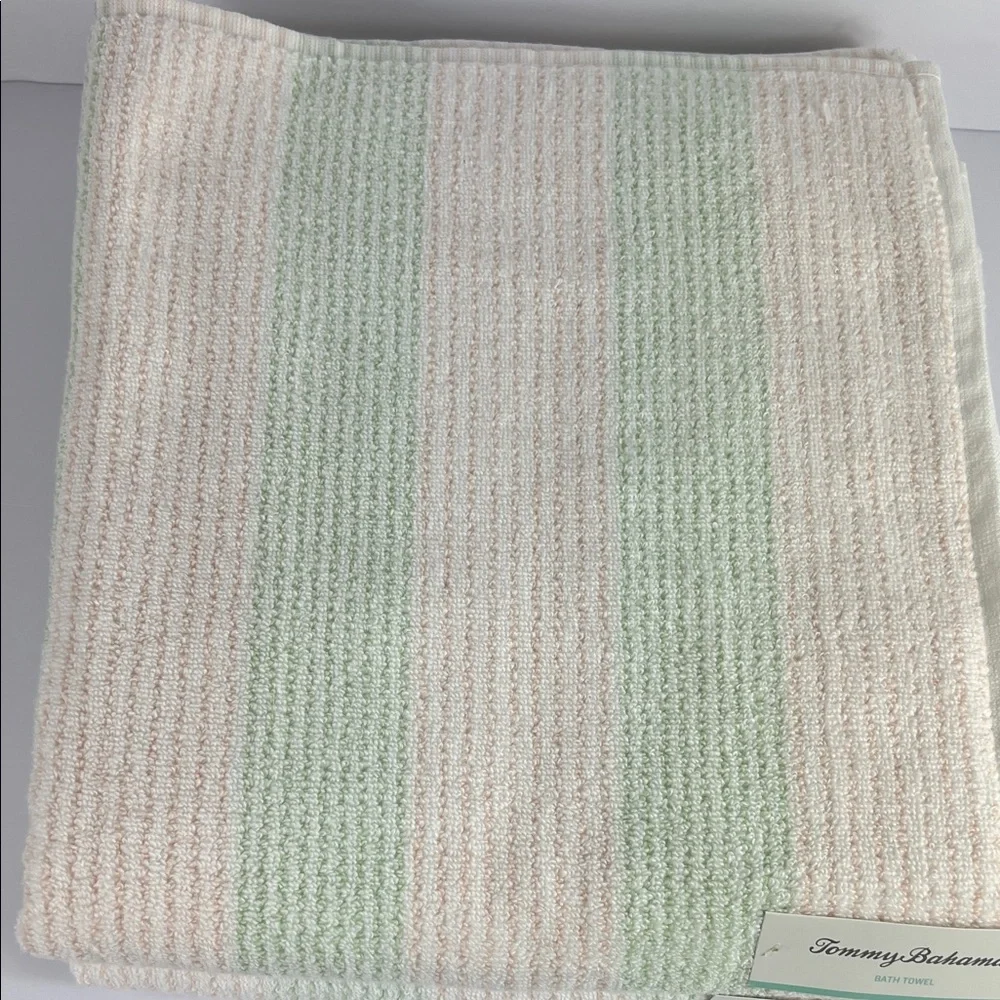 Tommy Bahama Bath Towels Pink Green White Striped Plush Cotton Set of 2 NEW
